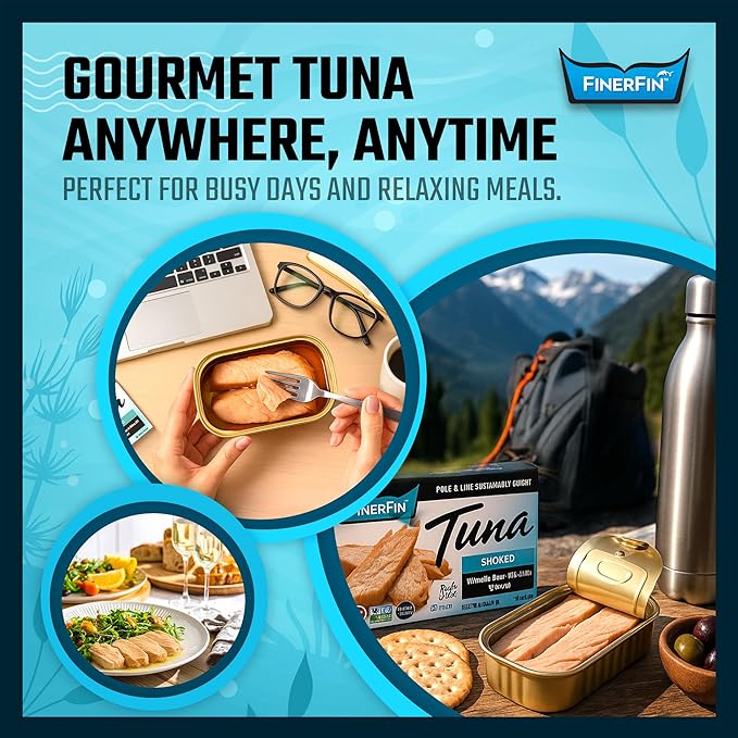 FinerFin Premium Smoked Yellowfin Tuna Fillets in Organic Extra Virgin Olive Oil, 4.4 oz (12 Pack)