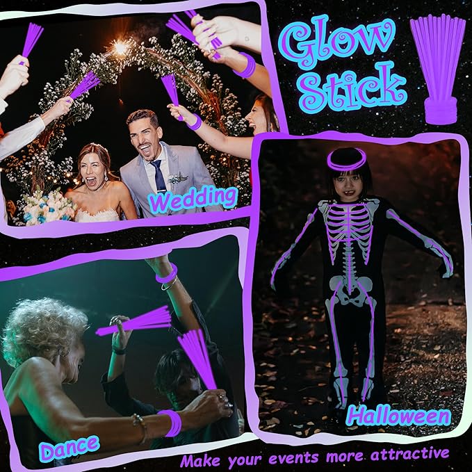 ILHSTY 100 Pcs 8'' Purple Glow Sticks Glow Necklaces In The Dark Party Favor Supplies Bright