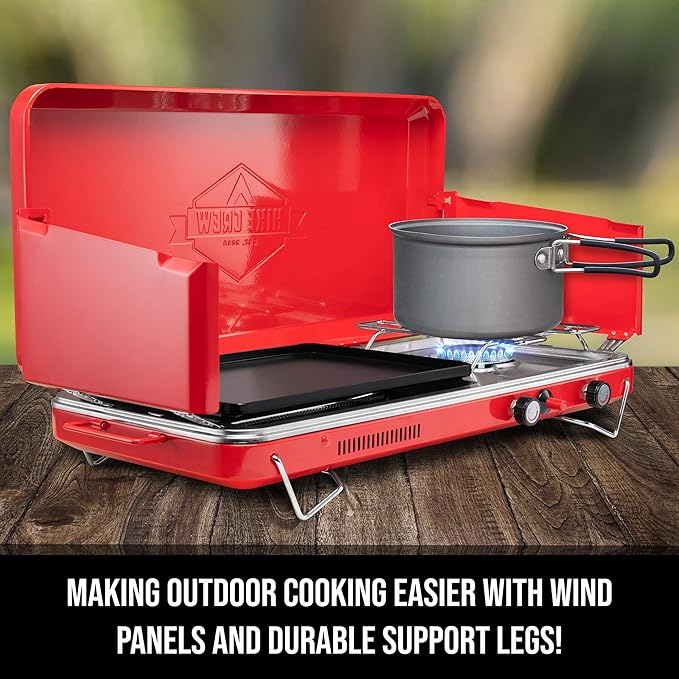 Hike Crew 2-in-1 Gas Camping Stove and Griddle, Portable Propane Burner w/Integrated Igniter &
