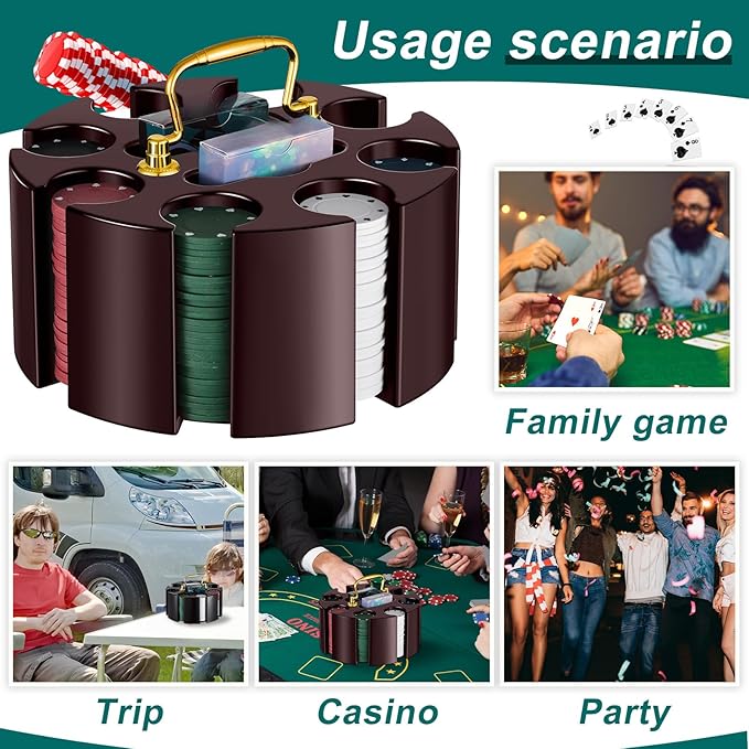 Wettarn Poker Chips Poker Set, 200 Count Rotating Chip Case Wood Carousel Case Holder with 200 Pcs