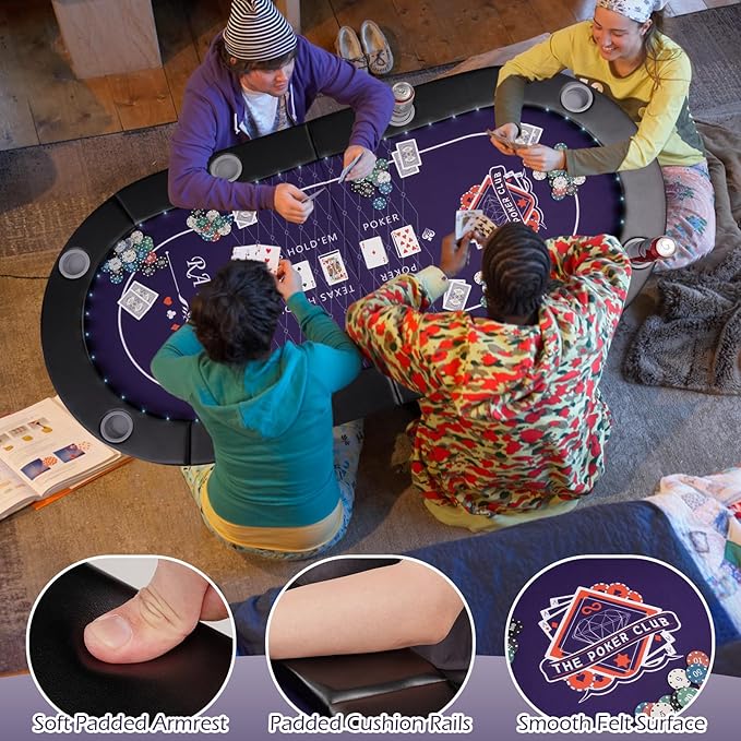 71" LED Poker Table - 8 Player Foldable Texas Hold'em Table with Built-in LED Lights, Padded Rails