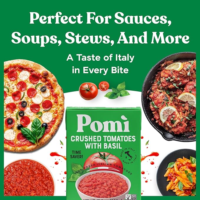 Pomì Crushed Tomatoes with Basil - Creamy, Velvety Italian Sauce, No Salt, Additives/Preservatives