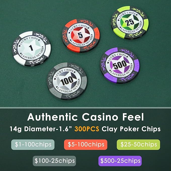ORIENGEAR Poker Chip Set with Denominations, 300 PCS 14 Gram Clay Composite Casino Chips with ABS