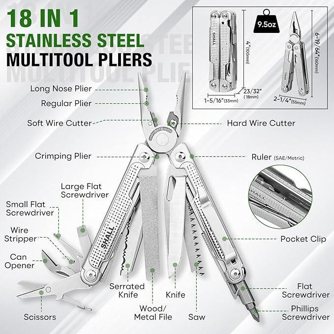 SHALL Multi Tool, 18-in-1 Multitool Pliers, Stainless Steel Multi-tool Pocket Knife w/Screwdriver
