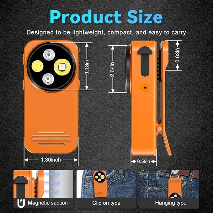 EDC Flashlight Clip-on Light, 530 Lumens Rechargeable with Type-C Charging, Combines Floodlight
