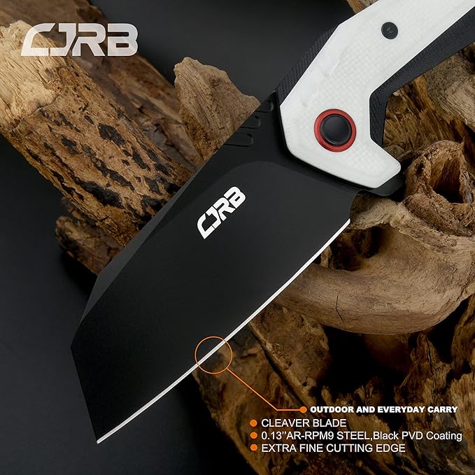 CJRB Tigris Pocket Knife, Folding Knife with AR-RPM9 Powder Steel Black PVD Blade Black & White G10