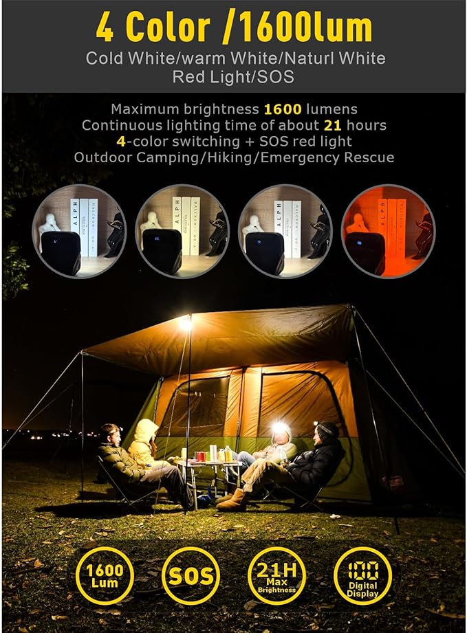 30000mAh LED Camping Lantern,Rechargeable Tent Light, QC3.0/22.5W, 1600LM, 4-Color Switch, IPX5