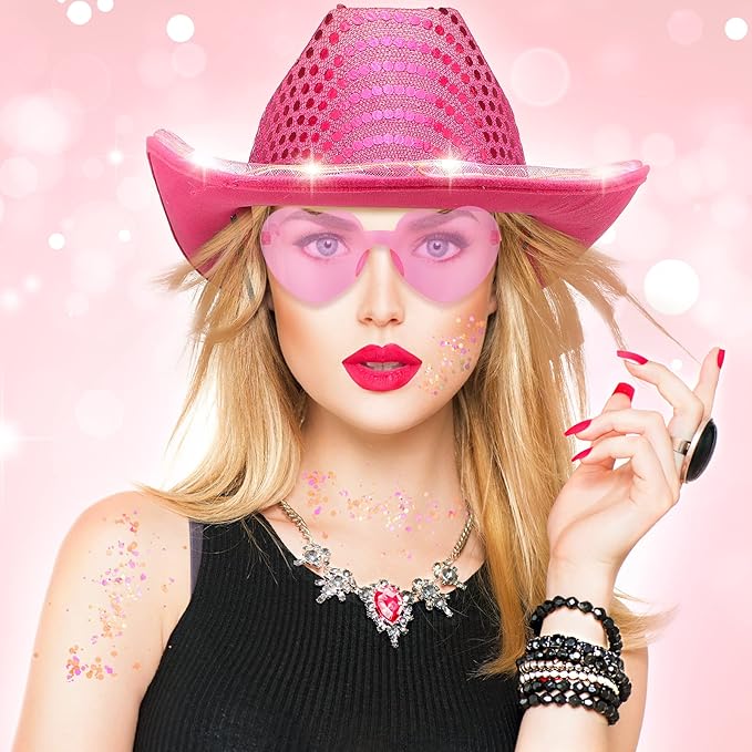 Coume 23 Pcs Cowboy Light up Hat Bulk Flashing Holographic Cowgirl Hats with Heart Sunglasses for