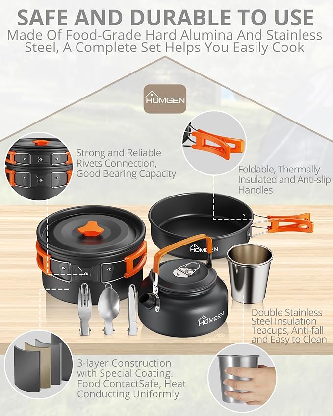 HOMGEN 12-Pieces Ultralight Anodized Aluminum Camping Cookware Set for 2 People - Nesting Pot/Pan