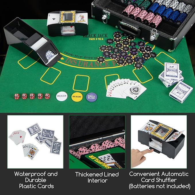 GYMAX Poker Chips Set, 600 PCS Texas Hold 'em Casino Chip Set w/Carrying Case, 6 Decks of Cards, 5