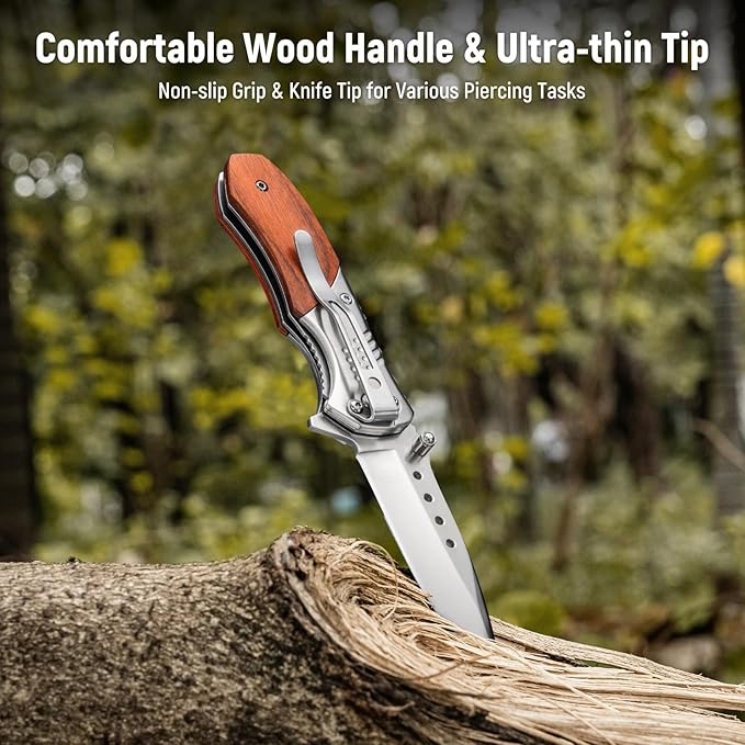 Pocket Knife for Men - 2.98" Sharp Blade Wood Handle Pocket Folding Knives with Clip, Glass Breaker