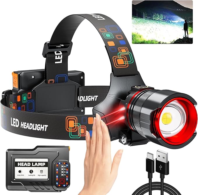 Rechargeable Headlamp 4000 High Lumens, Super Bright LED Head Lamp with Motion Sensor, 12 Modes