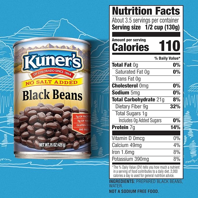 Kuner's No Salt Added Canned Black Beans, Plant Protein and Fiber, Gluten Free, Vegan, Fat Free, 12