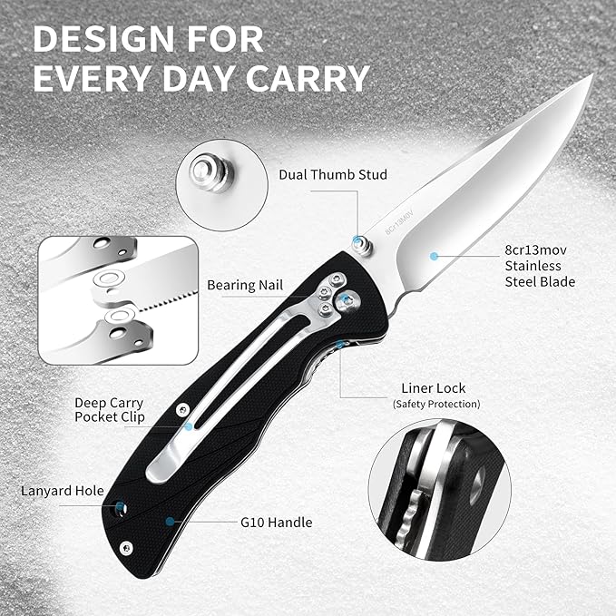Vickay Pocket Knife for Men, Folding Knife with Clip, 3.74-inch 8Cr13MoV Steel Blade, G10 Handle