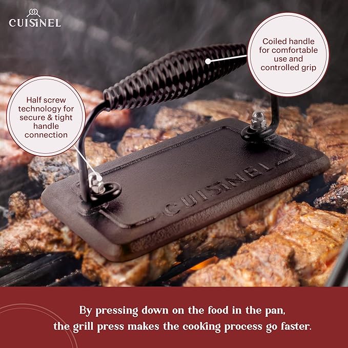 Cuisinel Cast Iron Grill Pan + Rectangular Cast Iron Grill Press + Tempered Glass Lid + Pan Scraper