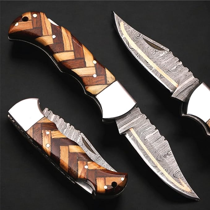 6.5 inch Damascus Pocket Knife with Sheath, Handmade Folding Pocket Knife for Men, Black-Red Wooden