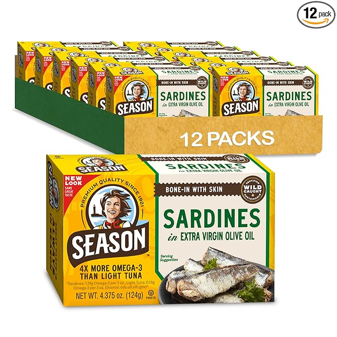 Season Sardines in Extra Virgin Olive Oil - Wild Caught, 22g of Protein, Keto Snacks, More Omega