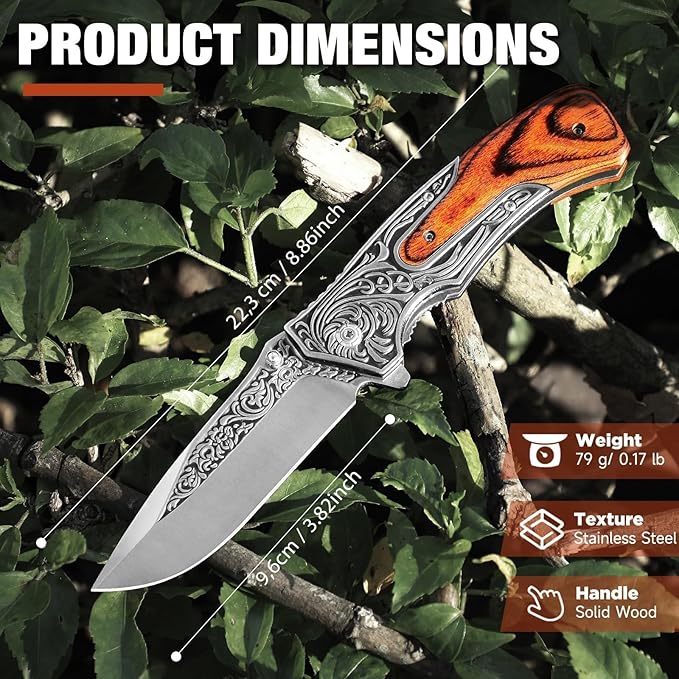 Pocket Knife for Men, 8.7" Folding Knife, 440 Stainless Steel Blade, 0.19lb, Wood Handle with 3D