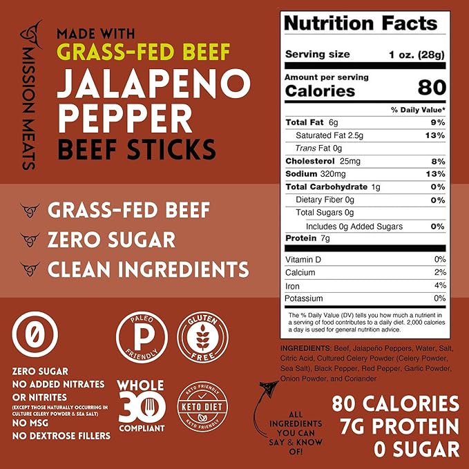 Mission Meats Beef Sticks – 100% Grass Fed & Pasture Raised, Sugar Free, Individually Wrapped