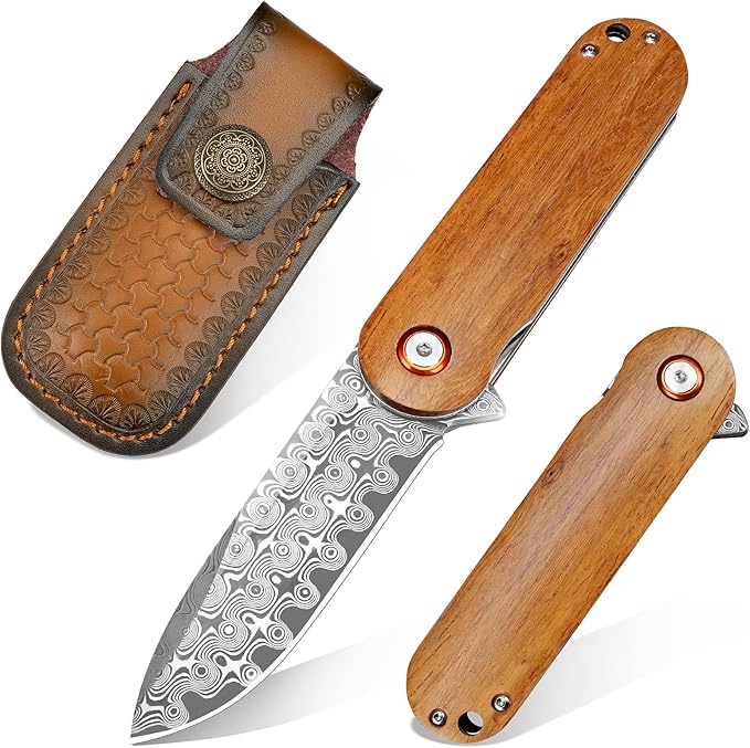Damascus Pocket Knife, 2.95" Damascus Steel Blade Pocket Knives & Folding Knives, Wooden Handles