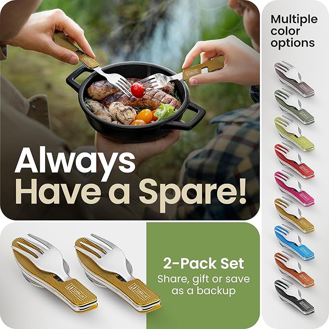 Orblue 4-in-1 Camping Eating Utensils, 2-Pack - Portable Spoon, Fork, Knife & Bottle Opener Combo