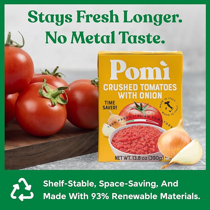 Pomì Crushed Tomatoes with Onion 13.8oz (Pack of 12) - Creamy, Velvety Italian Tomato Sauce No Salt