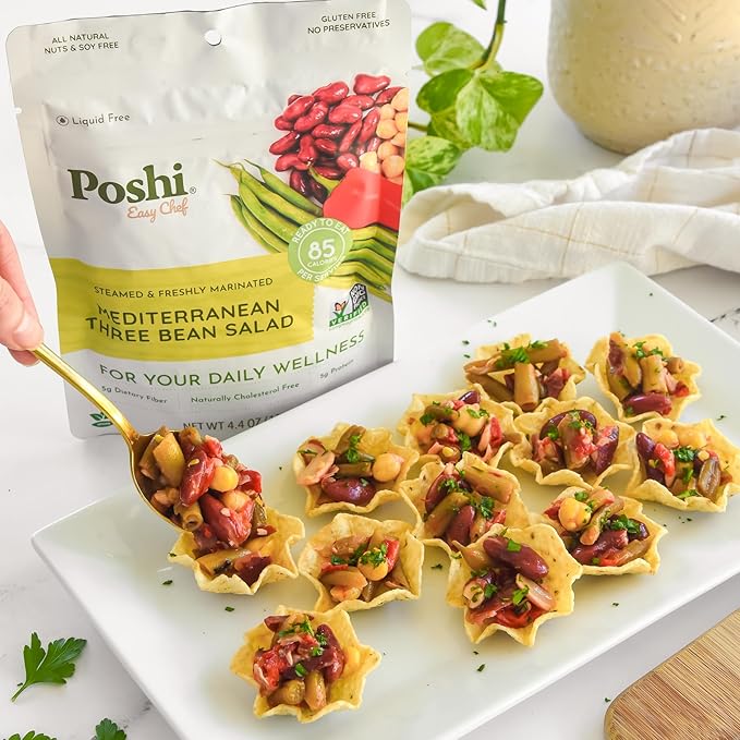 POSHI Mediterranean Three Bean Salad Natural, Keto, Vegan, Non GMO, Low Carb + Calorie, Gluten