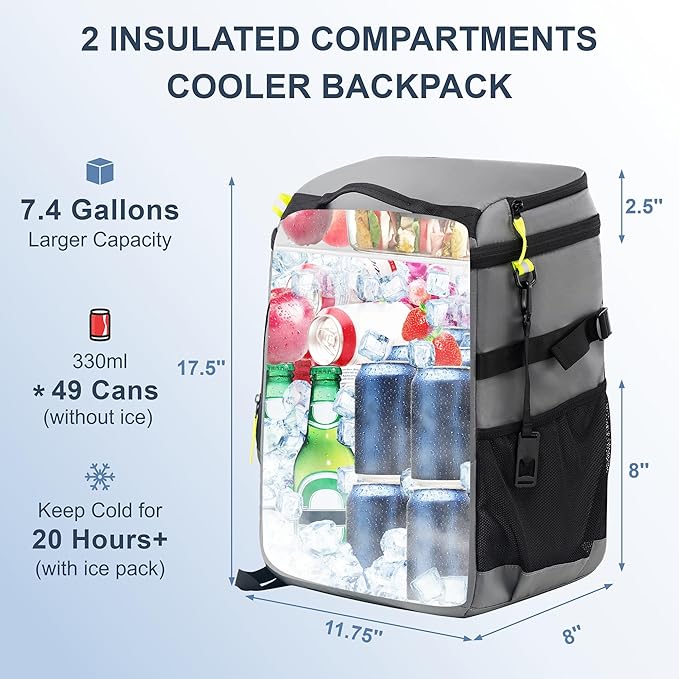 SPARTER Backpack Cooler Insulated Leak Proof 33/49 Cans, 2 Insulated Compartments Thermal Bag