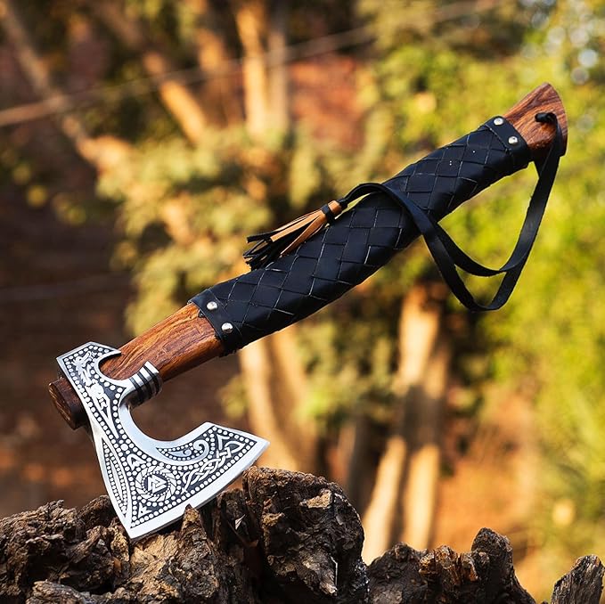 19" Viking Axe Carbon Steel Engraved Head with Leather Wrapped Wooden Handle & Sheath | Norse