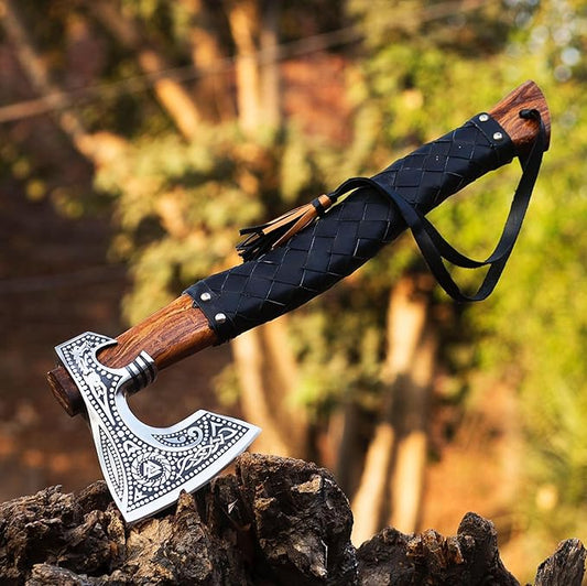19" Viking Axe Carbon Steel Engraved Head with Leather Wrapped Wooden Handle & Sheath | Norse