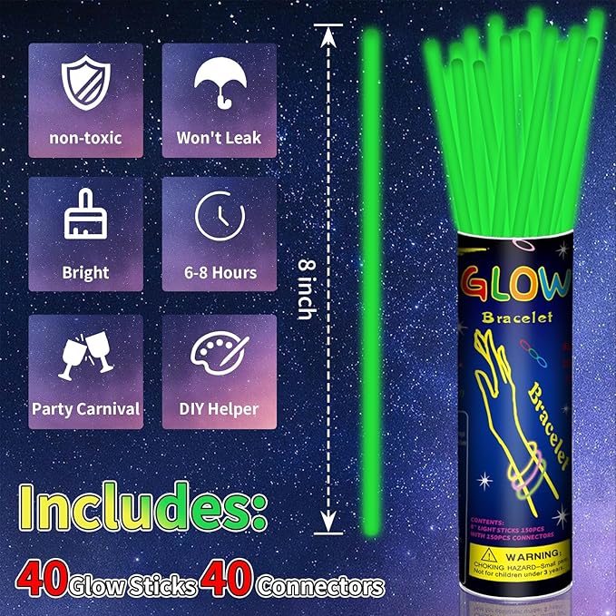40 Pack 8??Green Glow Sticks Bracelet Necklaces Bulk with 40 Connectors Neon Glow In The Dark Party