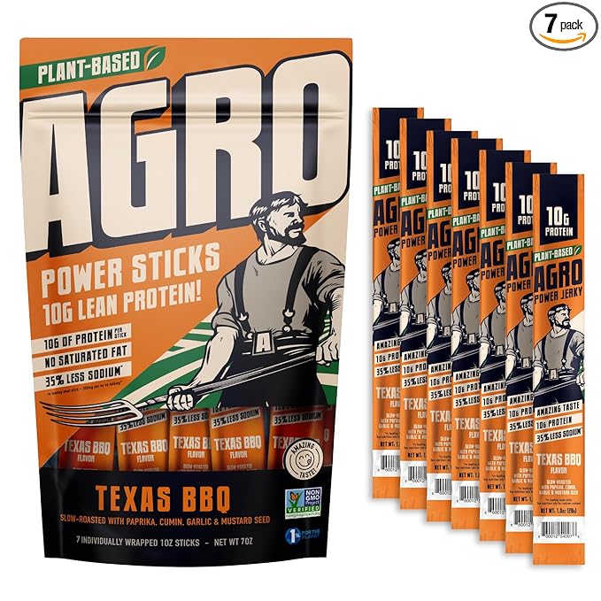 AGRO POWER Vegan Jerky Sticks, Texas BBQ Flavor Plant-Based, 7 Stick Bag with 10g Protein, Non-GMO