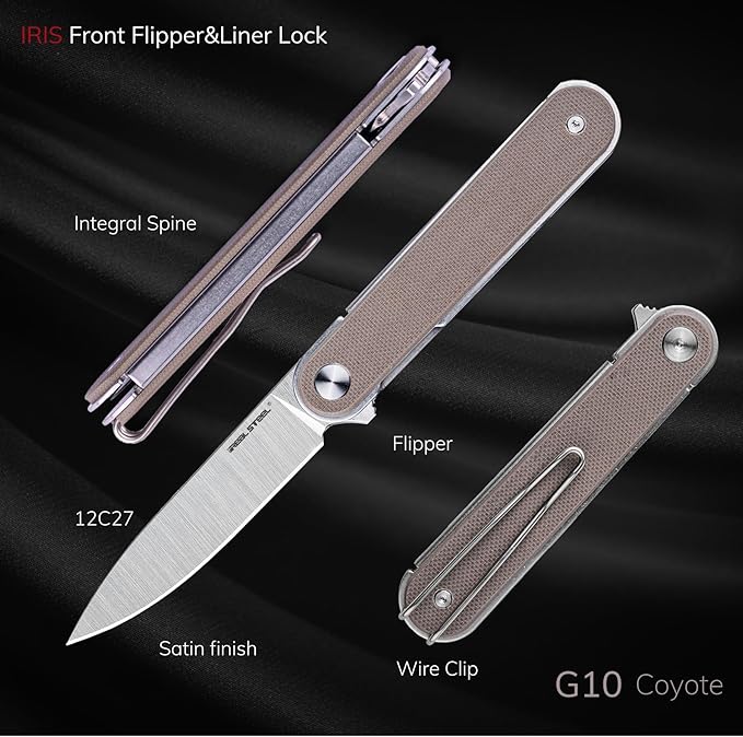 REALSTEEL IRIS Pocket Knife, Folding Knife, Flipper, Liner Lock, 2.99" 12C27 Steel Blade