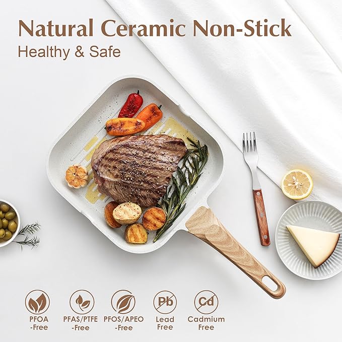 SENSARTE Nonstick Ceramic Grill Pan for Stove Tops, Versatile Square Grilling Pan with Pour Spouts