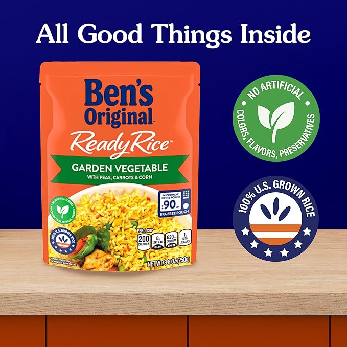 BEN'S ORIGINAL Ready Rice Garden Vegetable Flavored Rice, Easy Dinner Side, 8.8 oz Pouch (Pack of