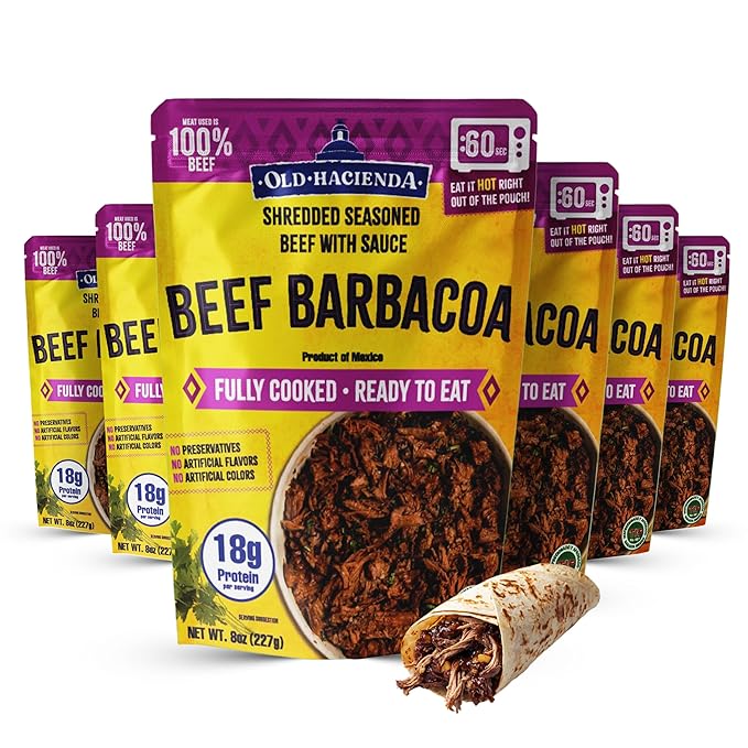 Old Hacienda Beef Barbacoa, | 100% Shredded Seasoned Beef with Sauce | Fully Cooked & Ready to Eat