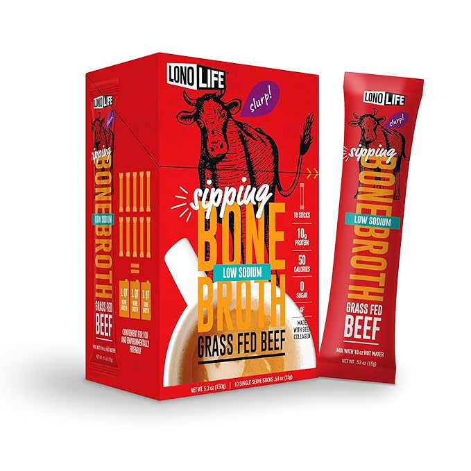LonoLife Low Sodium Beef Bone Broth Powder Mix | Grass-Fed, 10g Protein | Collagen-Rich, Keto &