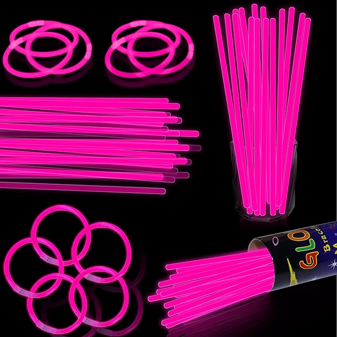 100 pk 8" Pink Glow Sticks Bulk Party Favors, Light up Glow Necklaces & Bracelets in the Dark Party