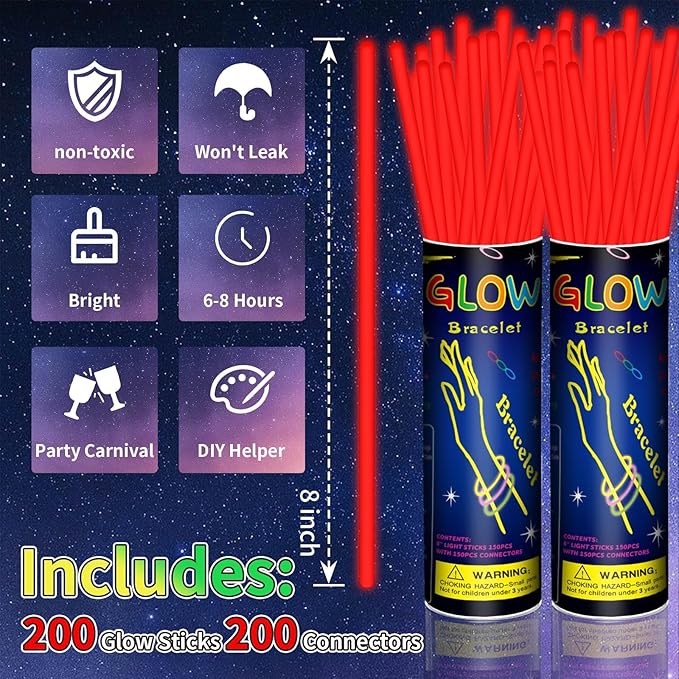 200 Pack 8'' Glow Sticks Bulk Party Favors Red Light Up Sticks with Connectors Neon Glow in the