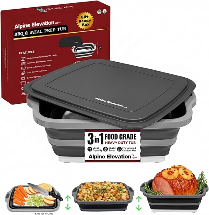 Collapsible Large (8L) BBQ Marinating Tub w/Cutting Board | Multipurpose Food-Grade TPE Prep Tub