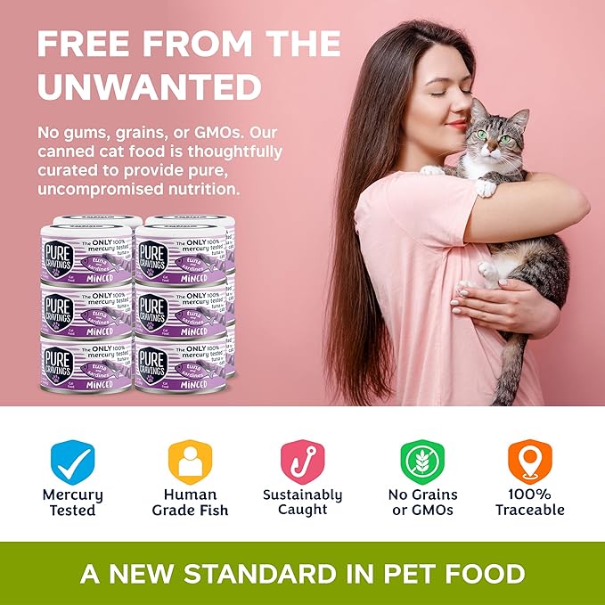 Pure Cravings Minced Tuna and Sardines Wet Canned Cat Food, 100% Mercury-Tested, Moist Can Fish for