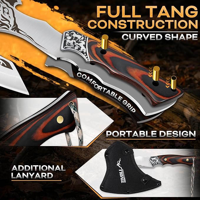 TIVOLI Camping Axe, Tiger - Patterned Survival Hatchet with Nylon Sheath, High Carbon Steel Blade