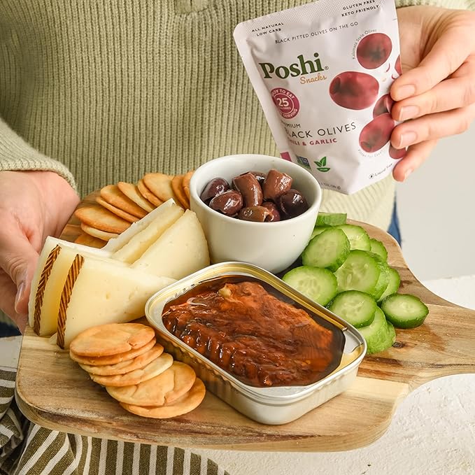 Poshi Natural Whole Pitted Olives | 24 Pack Variety | Basil & Garlic, Chili & Oregano, Chili +