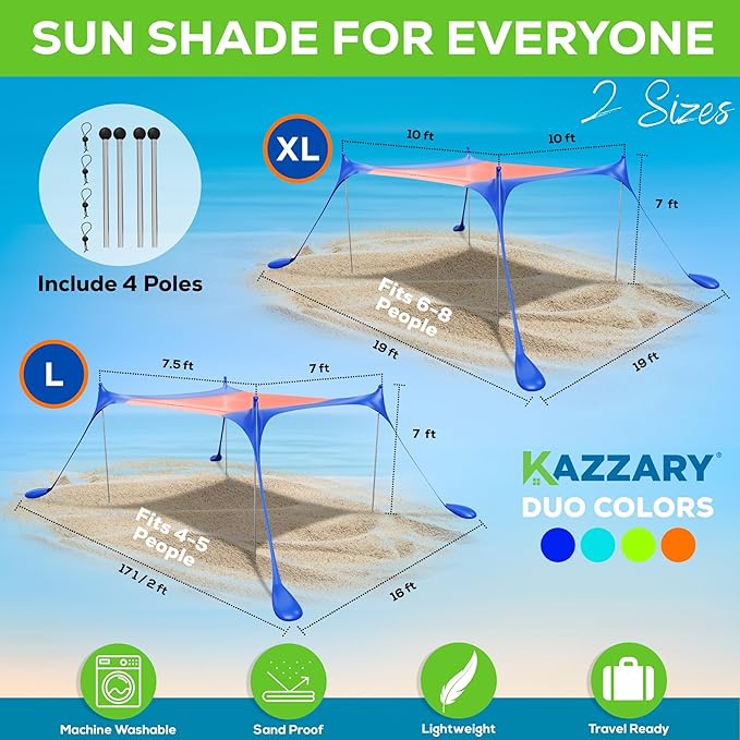 Beach Tent UPF50+ Sun Shade Canopy with Sandbags, 4 Stability Poles, Ground Pegs, Flying Disc Sand