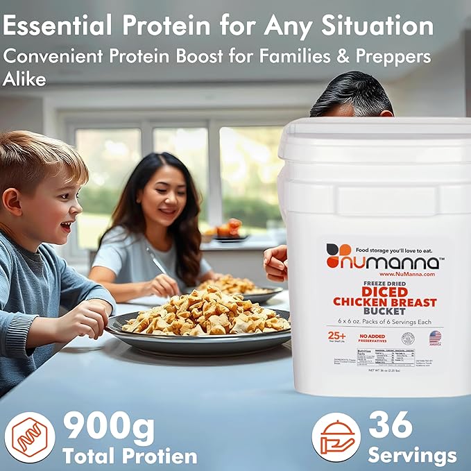 NuManna Freeze-Dried Diced Chicken Breast Bucket 36 Servings | Over 25g Protein per Serving for