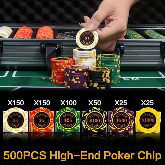 13.5 Gram Clay Poker Chip Set Texas Hold'em Casino Chips 2 Decks of Cards, Aluminum Case Dealer
