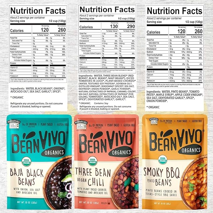 BeanVIVO - Variety 3 Pack (10 oz each) - Organic Baja Black Beans, Three Bean Vegan Chili, BBQ