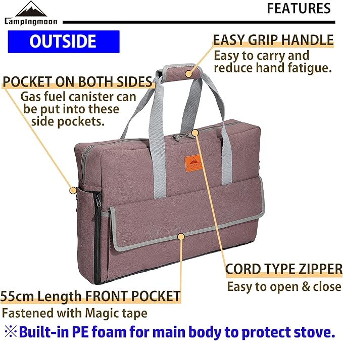 CAMPINGMOON Camping Stove Carry Case for Coleman 2-burner Stove Canvas CM-B Pockets for Gas Fuel