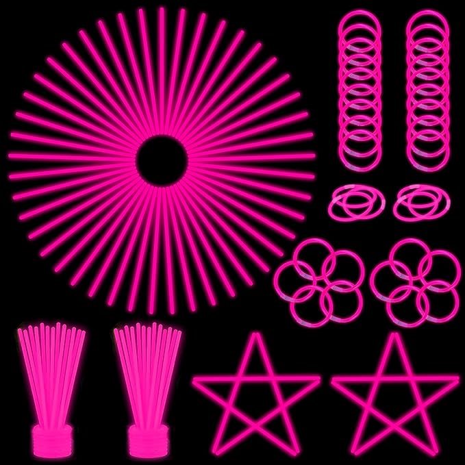 ILHSTY 100 pk 8'' Pink Glow Sticks Glow Necklaces In The Dark Party Favors Supplies Bright
