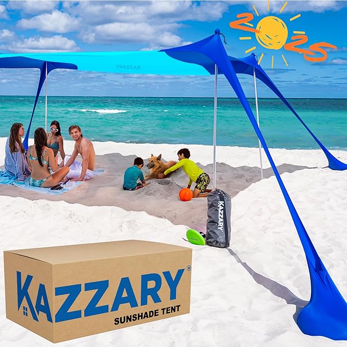 Beach Tent UPF50+ Sun Shade Canopy with Sandbags, 4 Stability Poles, Ground Pegs, Flying Disc Sand